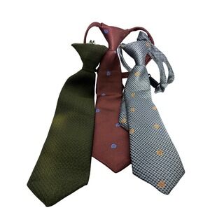 Boys Tie Bundle 3pc Clip-On and Zipper Ties Olive Burgundy Grey Formal Wear